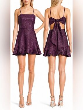 Dear Moon Sparkling Plum Purple Bow-Back Mini Ruffle Homecoming Cocktail Dress